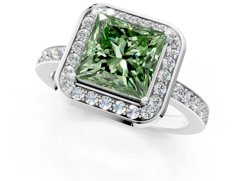 White gold Fancy Green Princess Cut Diamond Halo Ring with Bezel Frame and Pavé Band_1
