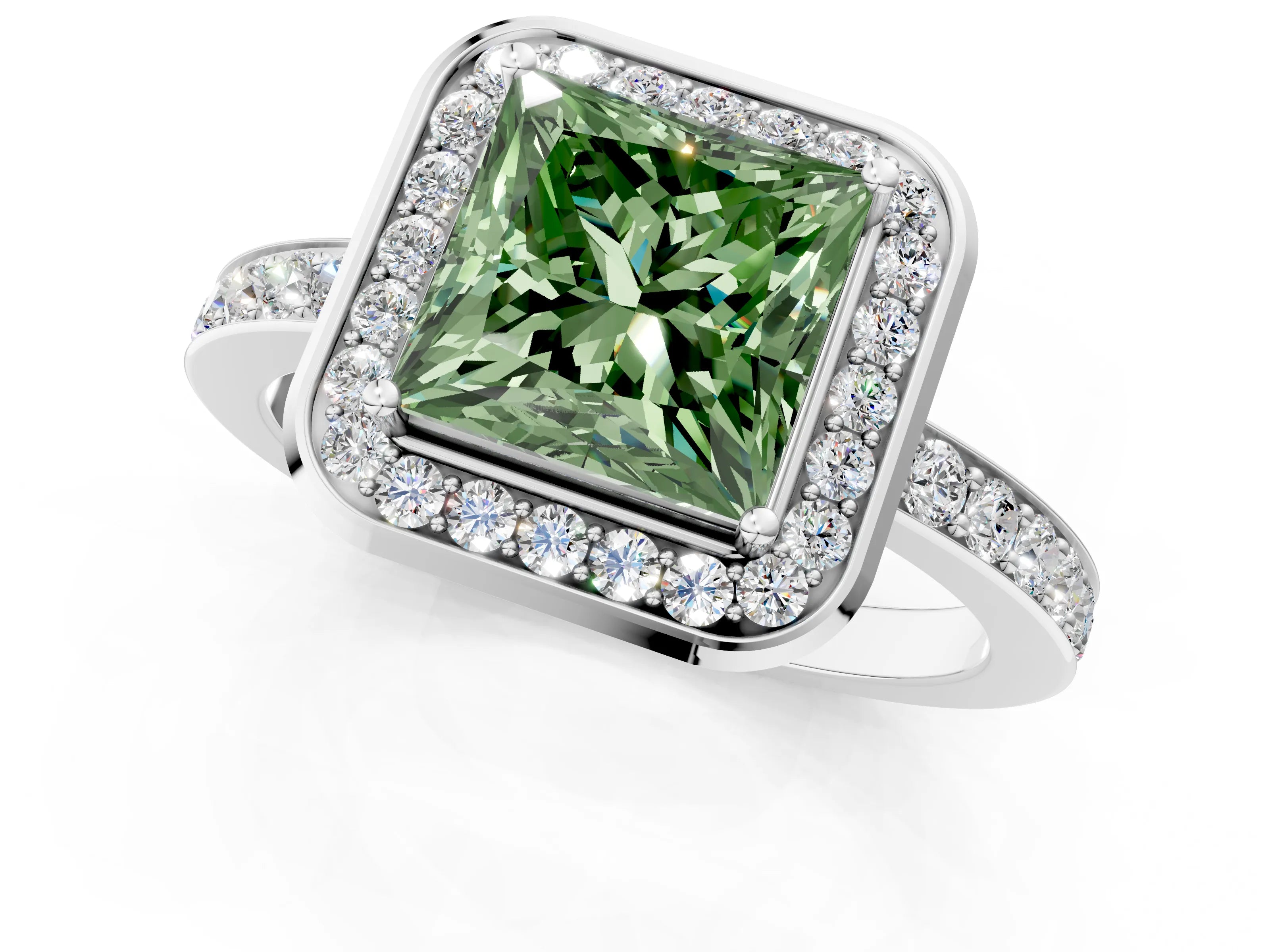 White gold Fancy Green Princess Cut Diamond Halo Ring with Bezel Frame and Pavé Band_1