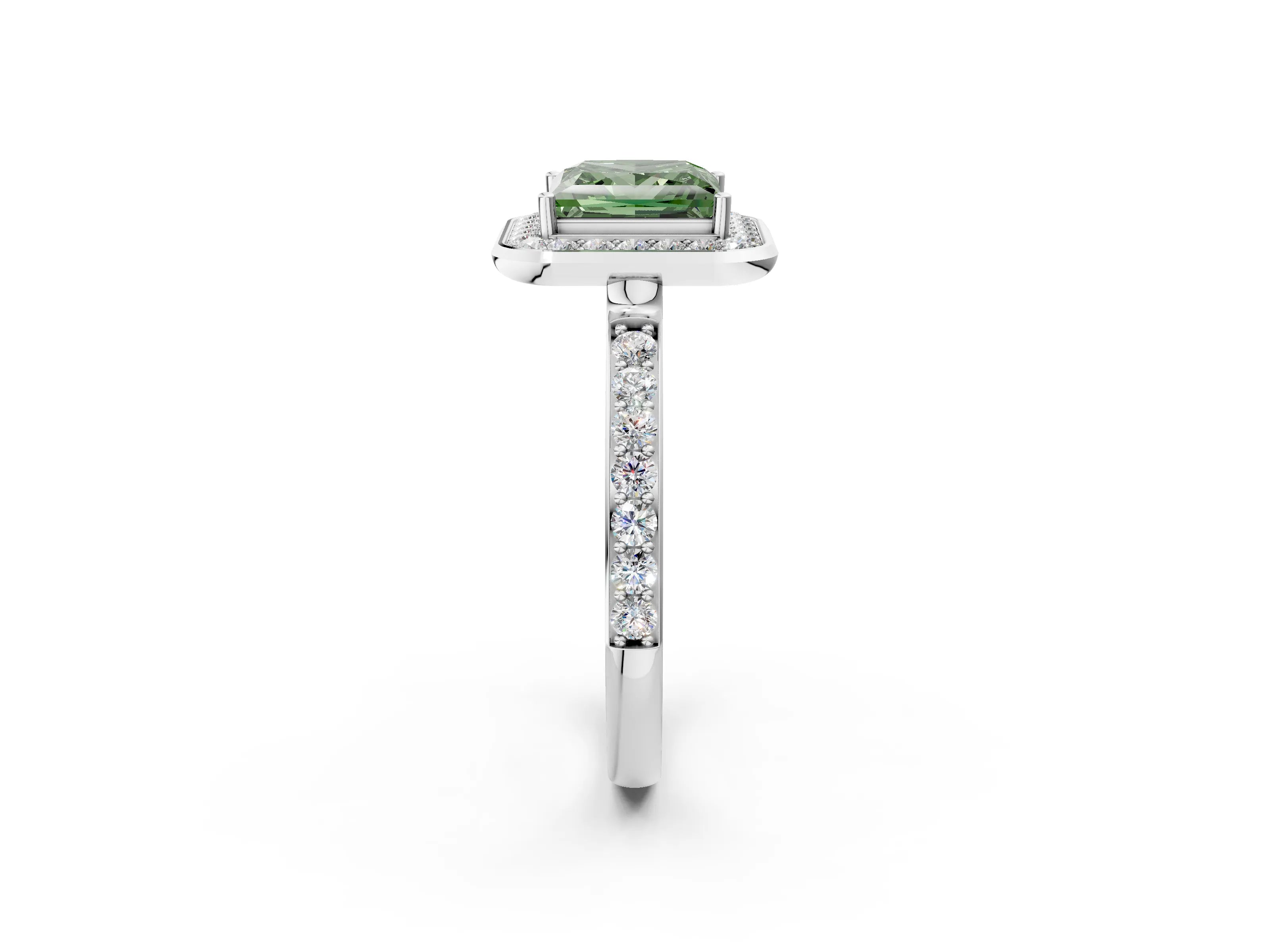 White gold Fancy Green Princess Cut Diamond Halo Ring with Bezel Frame and Pavé Band_2
