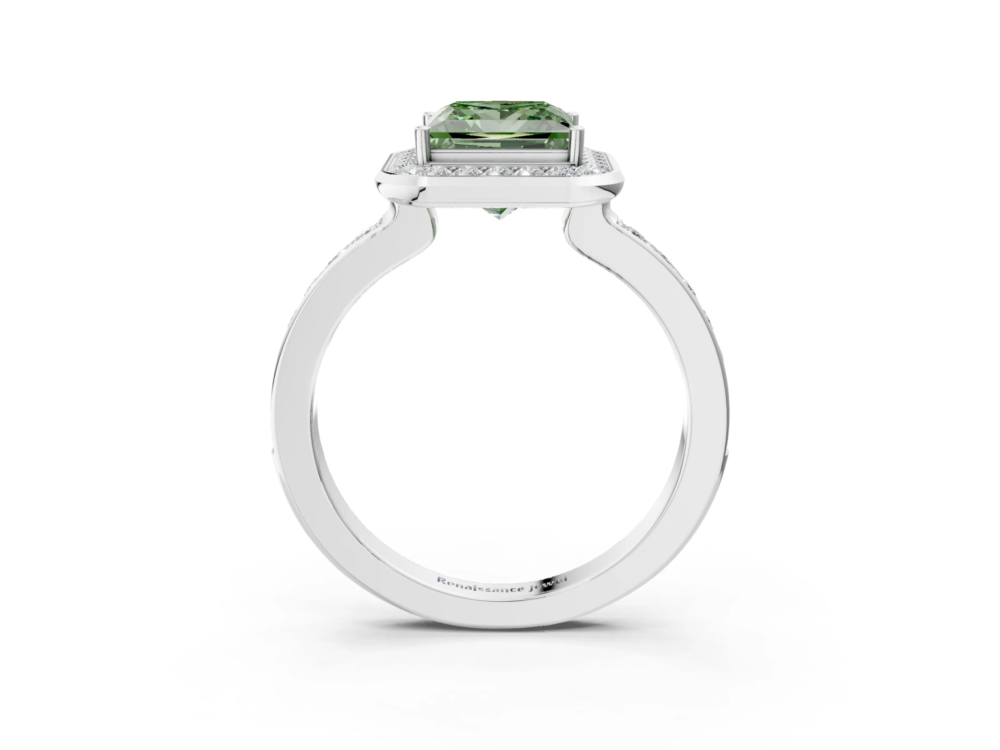 White gold Fancy Green Princess Cut Diamond Halo Ring with Bezel Frame and Pavé Band_3