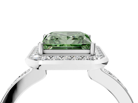 White gold Fancy Green Princess Cut Diamond Halo Ring with Bezel Frame and Pavé Band_4
