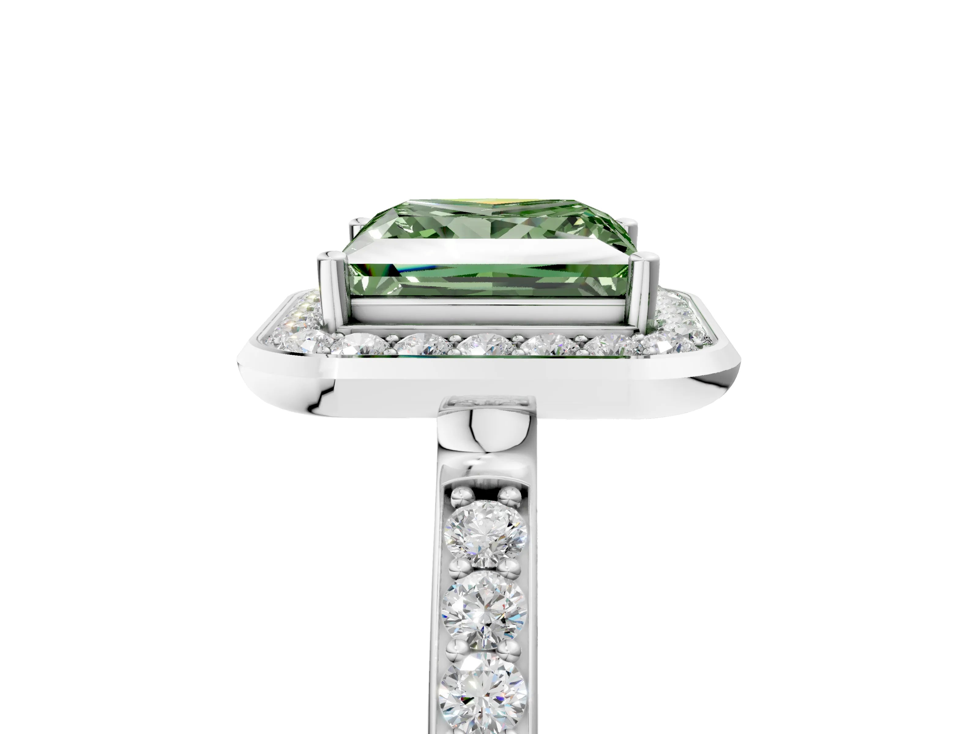 White gold Fancy Green Princess Cut Diamond Halo Ring with Bezel Frame and Pavé Band_5