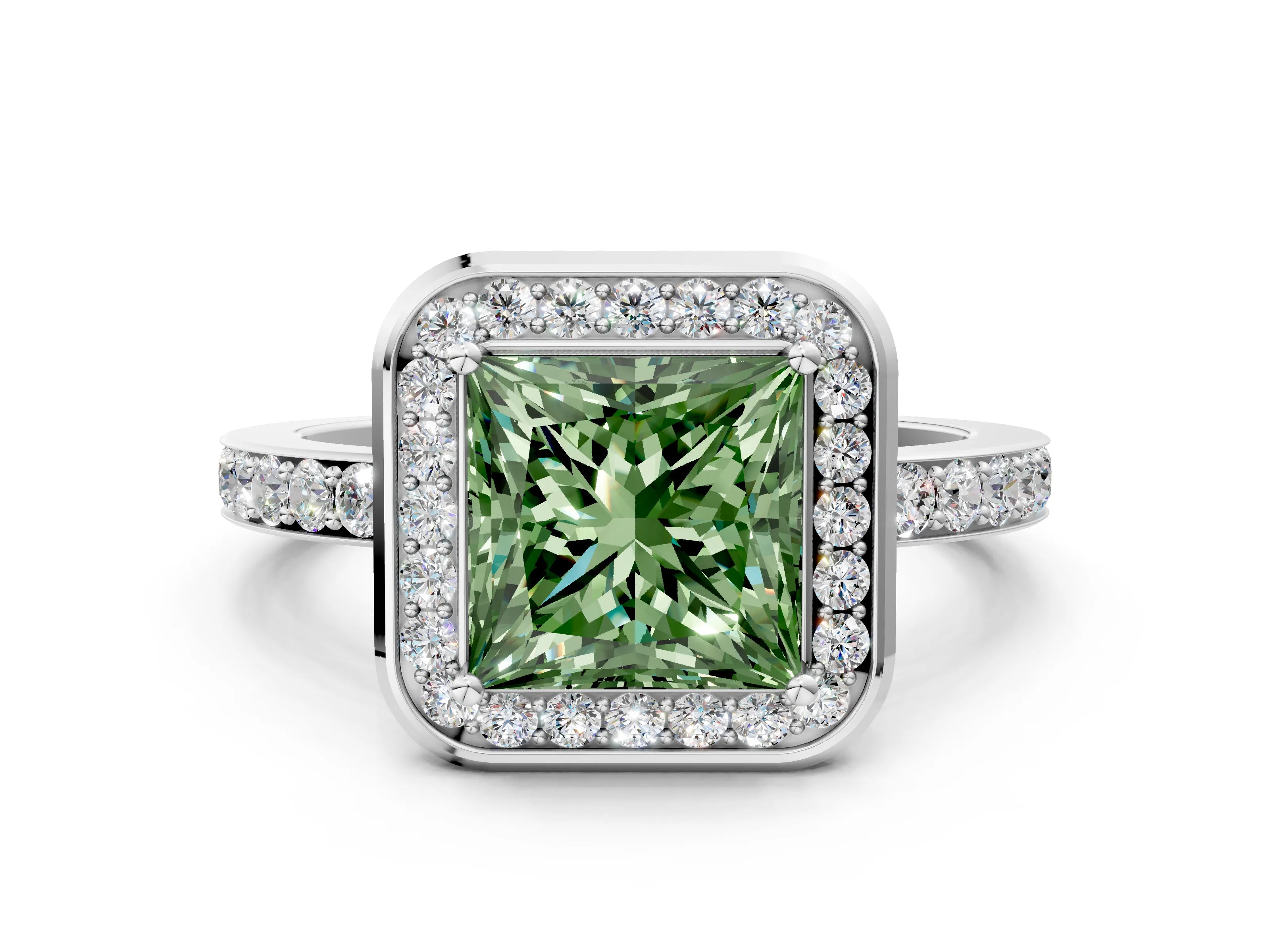White gold Fancy Green Princess Cut Diamond Halo Ring with Bezel Frame and Pavé Band