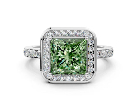 White gold Fancy Green Princess Cut Diamond Halo Ring with Bezel Frame and Pavé Band