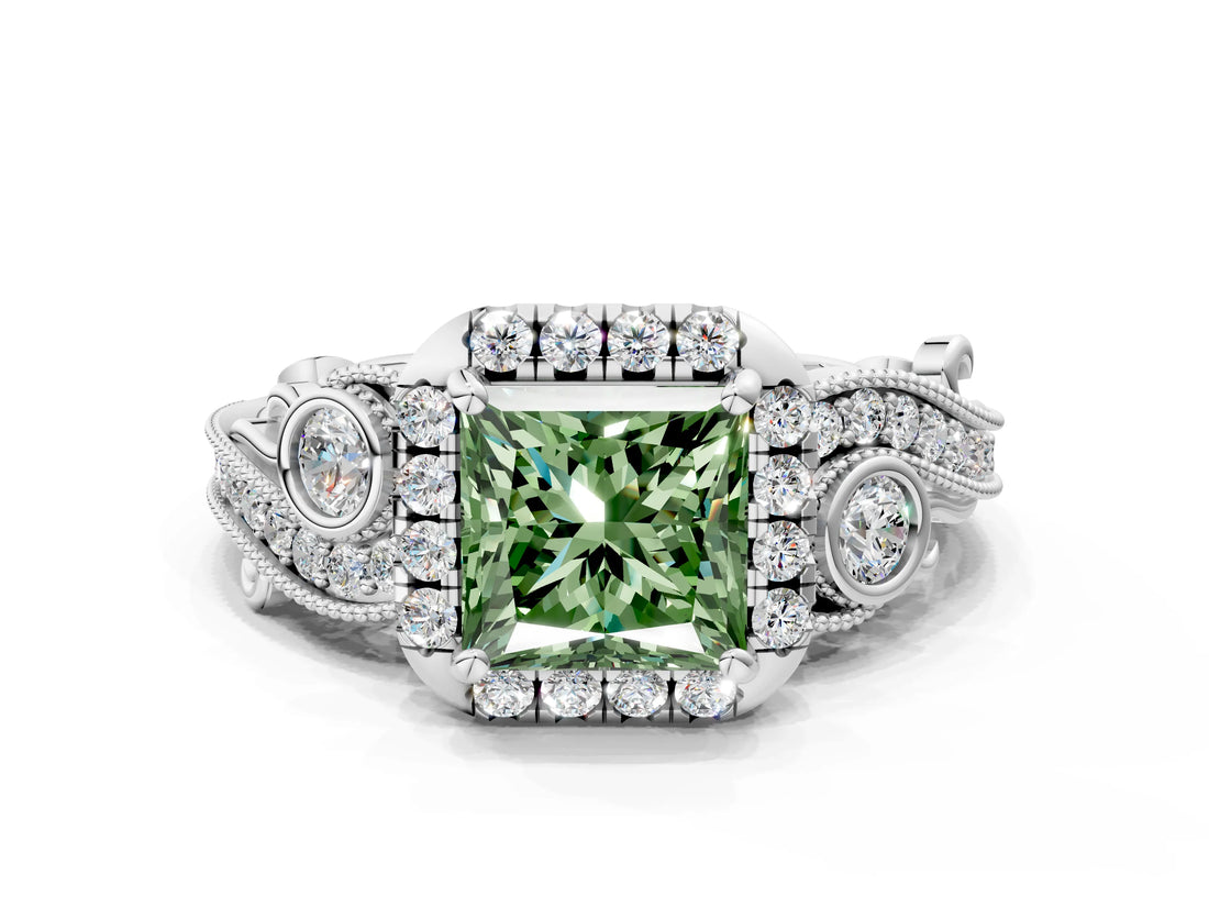 White gold Fancy Green Princess Cut Diamond Halo Ring with Milgrain Pavé Band and Four-Prong Setting_29