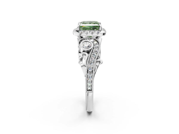 White gold Fancy Green Princess Cut Diamond Halo Ring with Milgrain Pavé Band and Four-Prong Setting