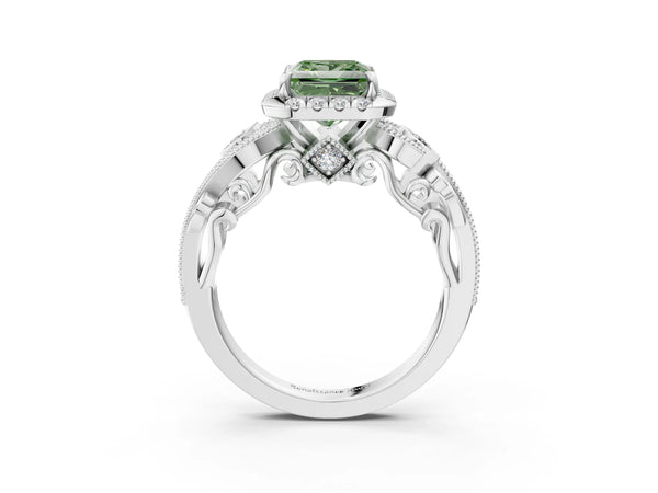 White gold Fancy Green Princess Cut Diamond Halo Ring with Milgrain Pavé Band and Four-Prong Setting