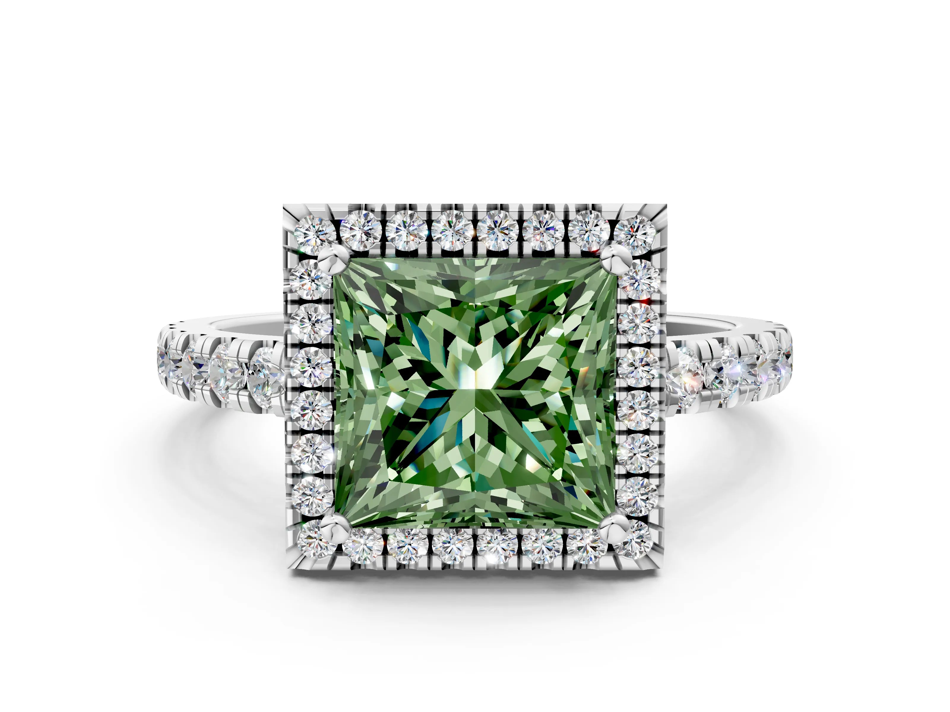 White gold Fancy Green Princess Cut Diamond Halo Ring with Pavé Band and Four-Prong Setting_12
