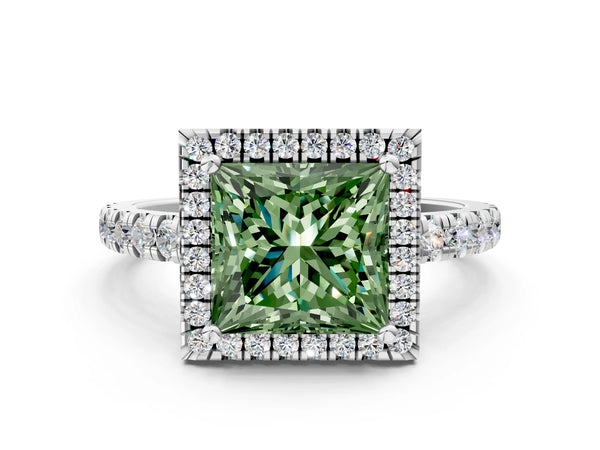 White gold Fancy Green Princess Cut Diamond Halo Ring with Pavé Band and Four-Prong Setting