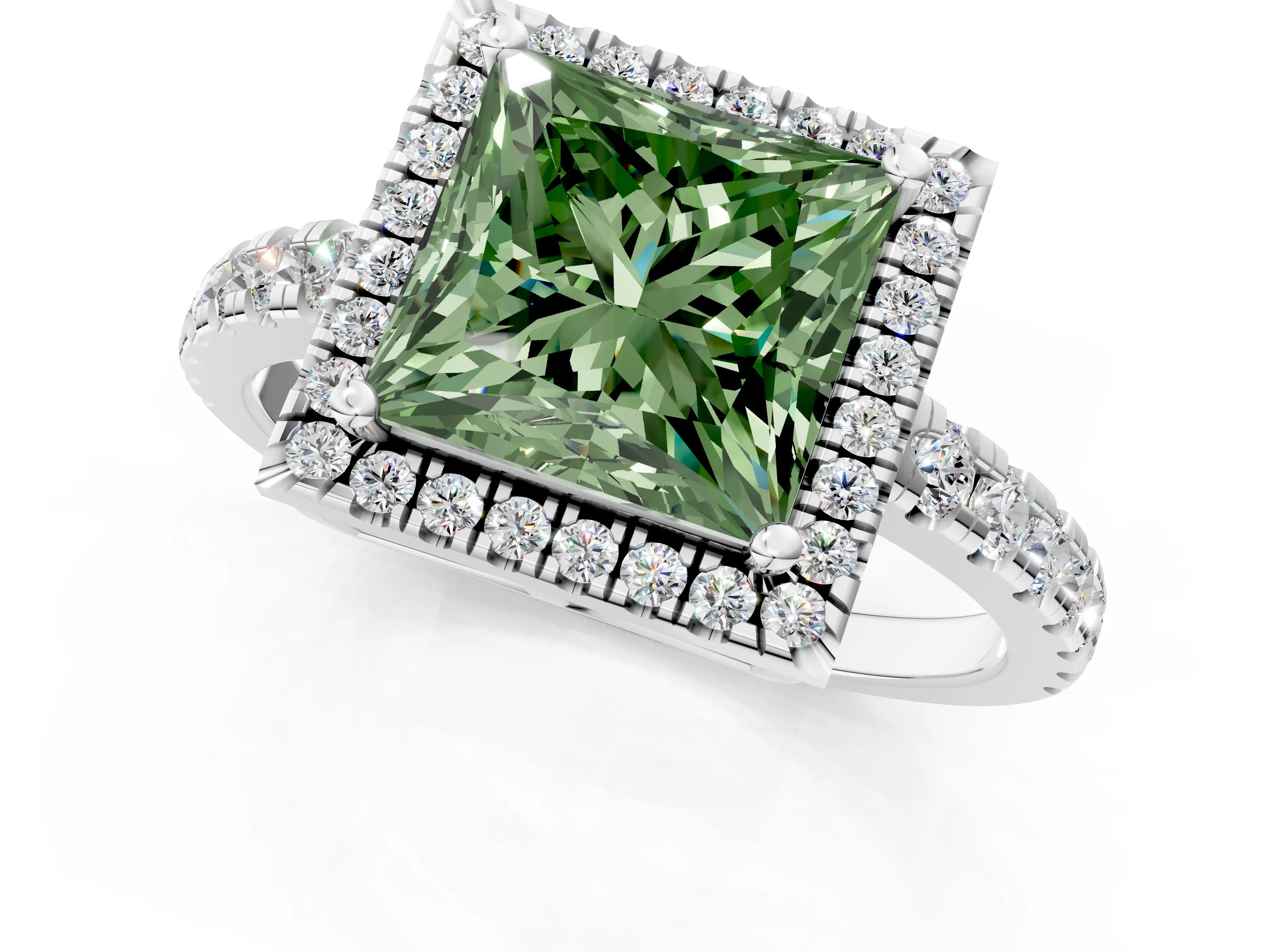 White gold Fancy Green Princess Cut Diamond Halo Ring with Pavé Band and Four-Prong Setting_13