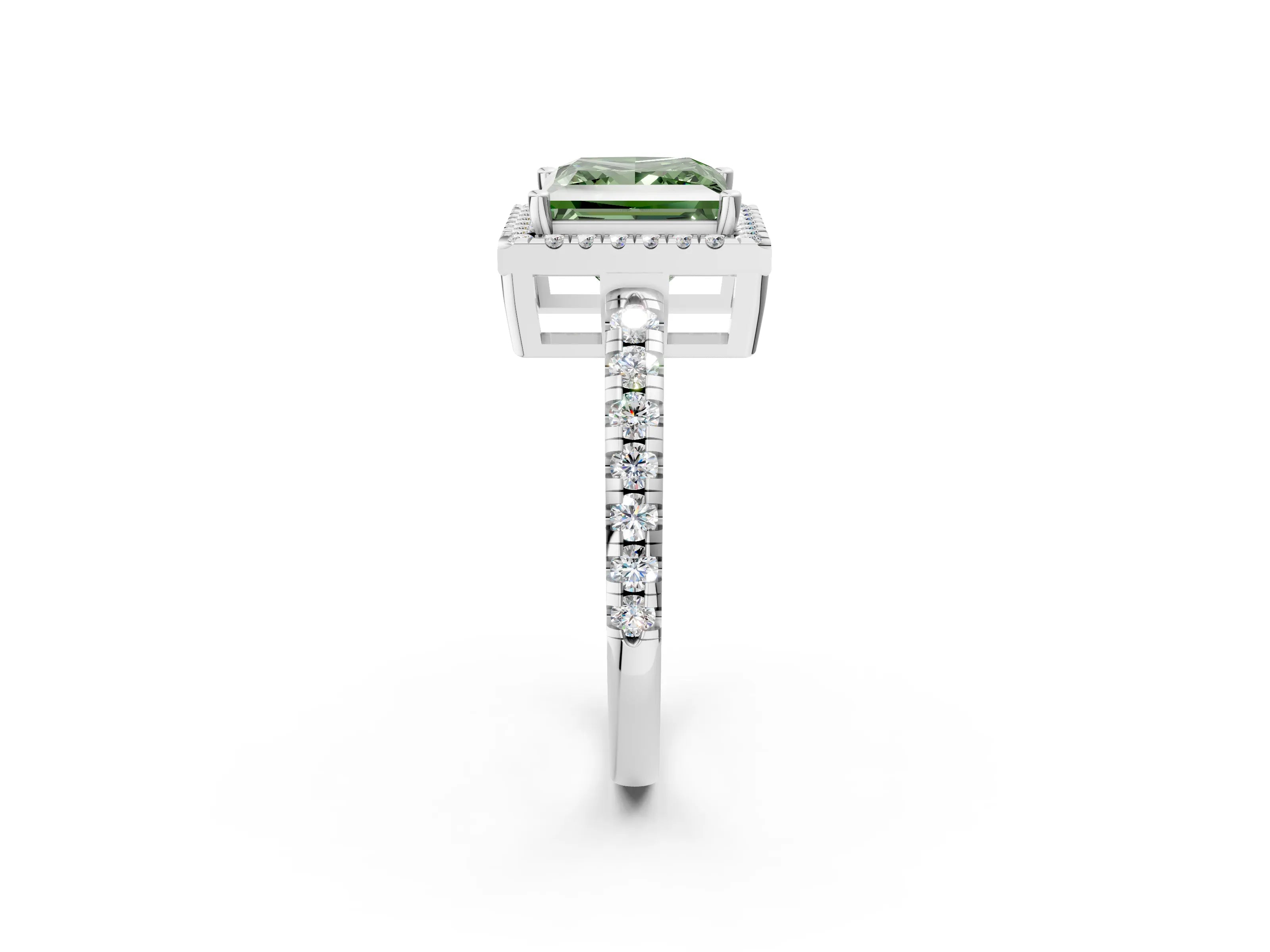 White gold Fancy Green Princess Cut Diamond Halo Ring with Pavé Band and Four-Prong Setting_14