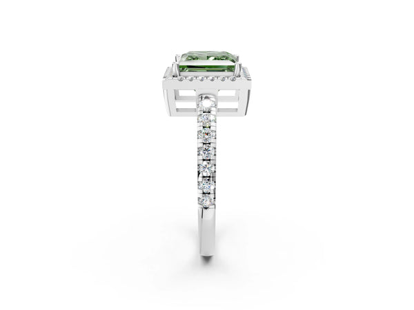 White gold Fancy Green Princess Cut Diamond Halo Ring with Pavé Band and Four-Prong Setting