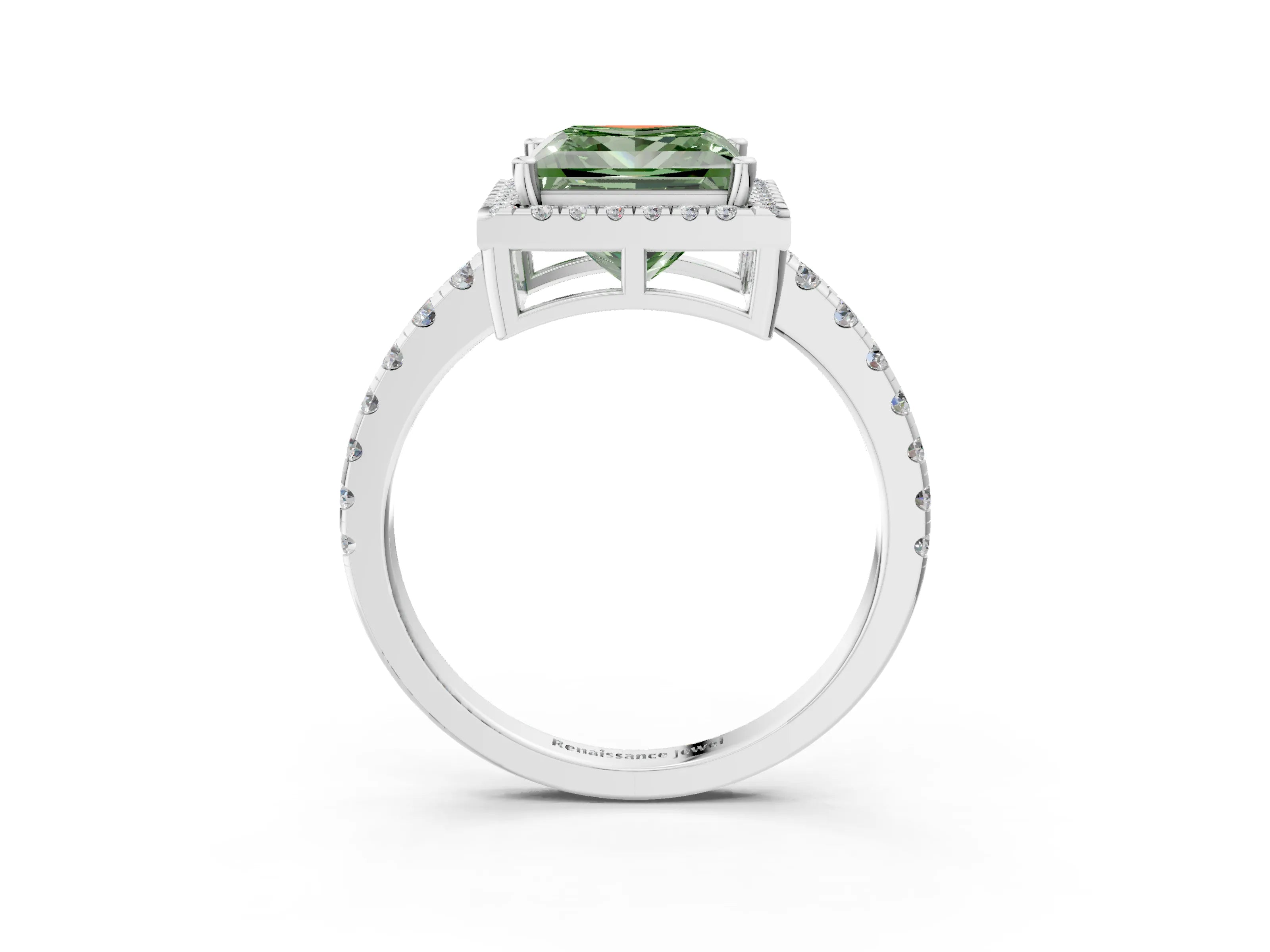 White gold Fancy Green Princess Cut Diamond Halo Ring with Pavé Band and Four-Prong Setting_15