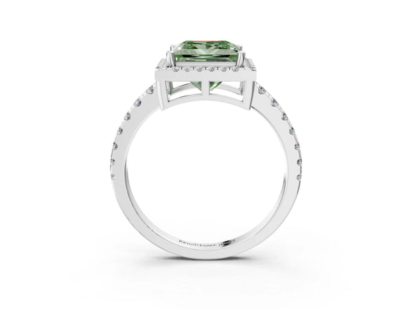 White gold Fancy Green Princess Cut Diamond Halo Ring with Pavé Band and Four-Prong Setting
