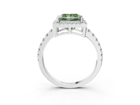 White gold Fancy Green Princess Cut Diamond Halo Ring with Pavé Band and Four-Prong Setting_15