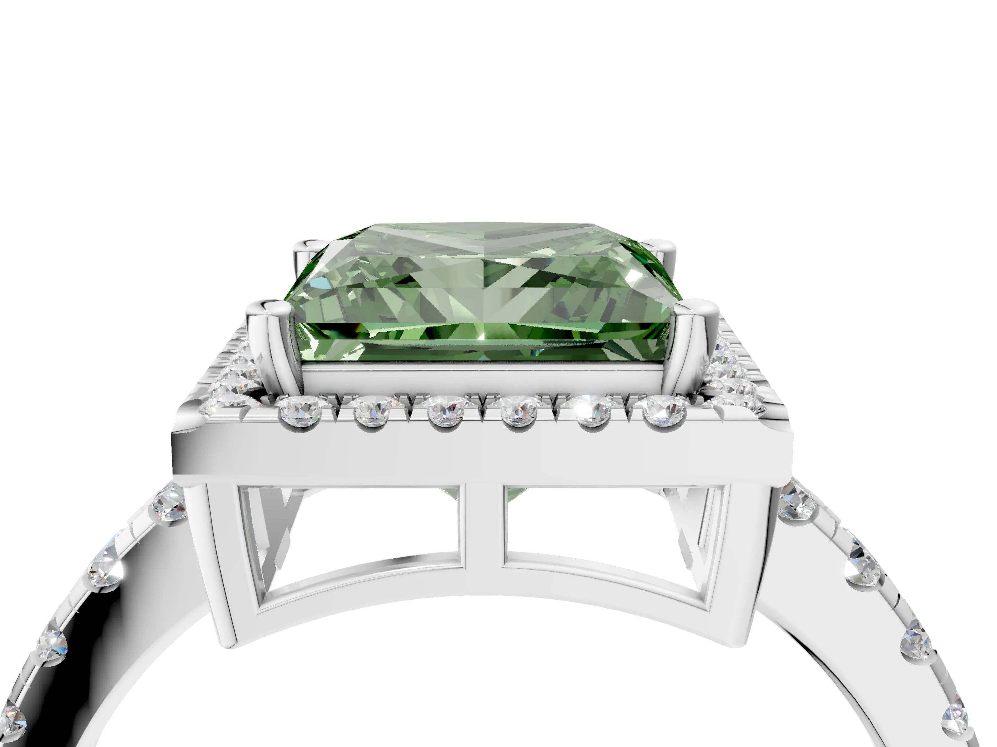 White gold Fancy Green Princess Cut Diamond Halo Ring with Pavé Band and Four-Prong Setting_16