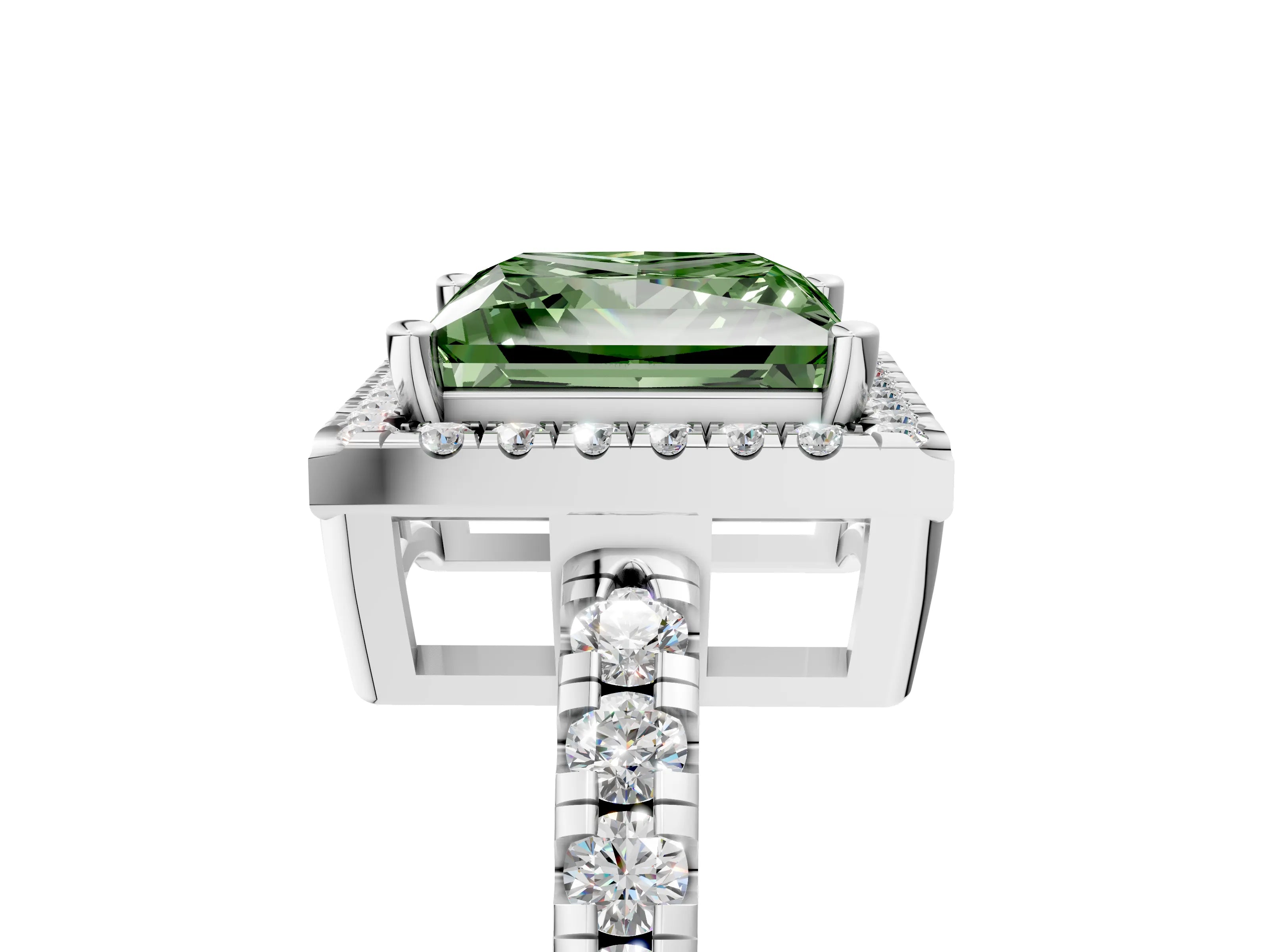 White gold Fancy Green Princess Cut Diamond Halo Ring with Pavé Band and Four-Prong Setting_17