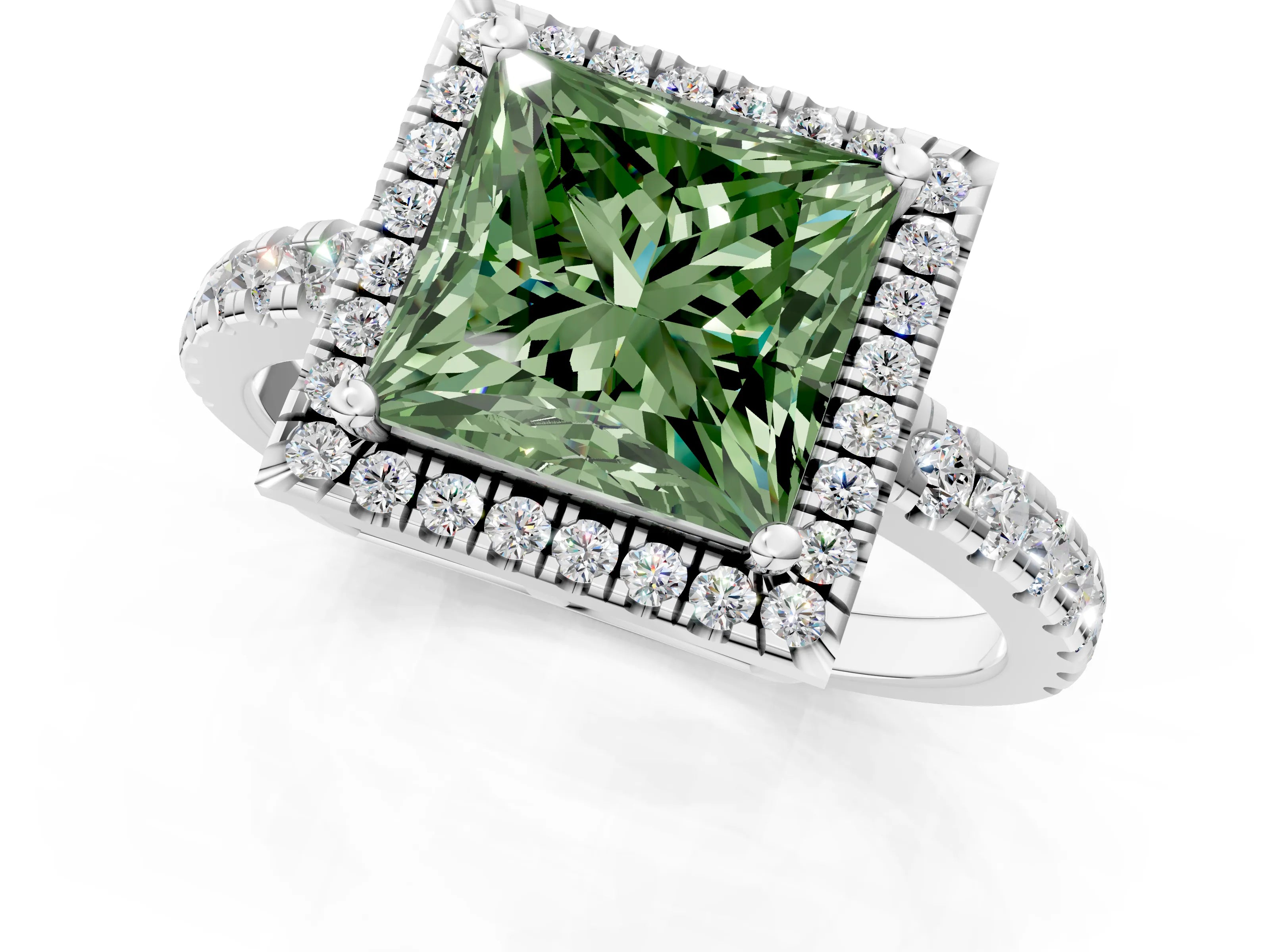 White gold Fancy Green Princess Cut Diamond Halo Ring with Pavé Band and Four-Prong Setting_1