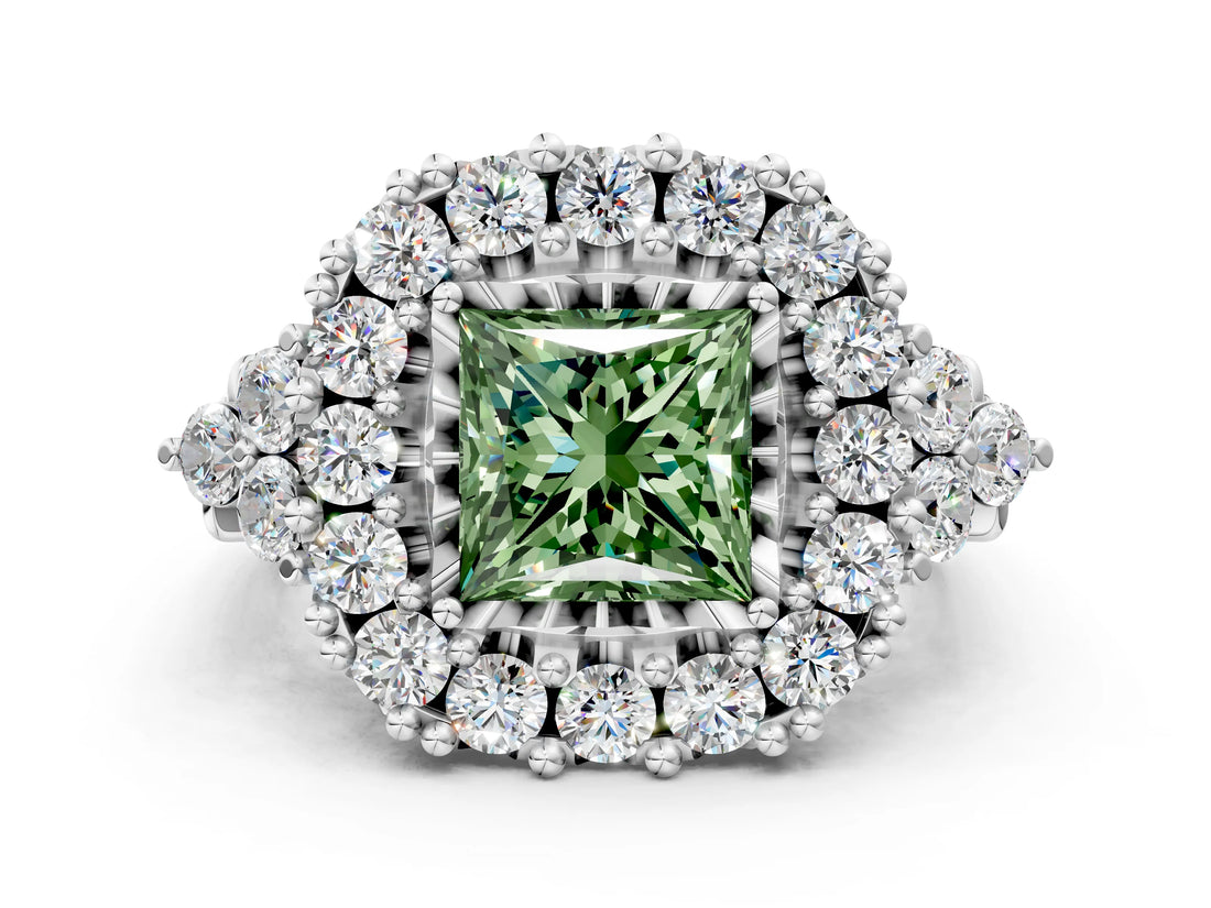 White gold Fancy Green Princess Cut Diamond Halo Ring with Pavé Band and Four-Prong Setting_29