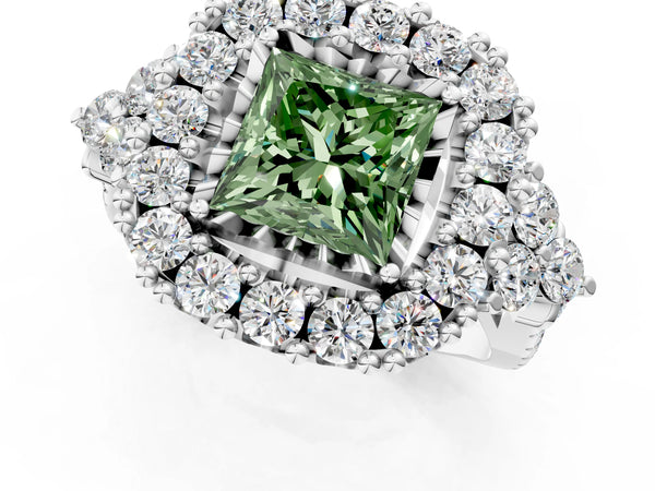 Platinum Princess Cut Halo Crossover Pave Engagement Ring Setting for Fancy Green Center