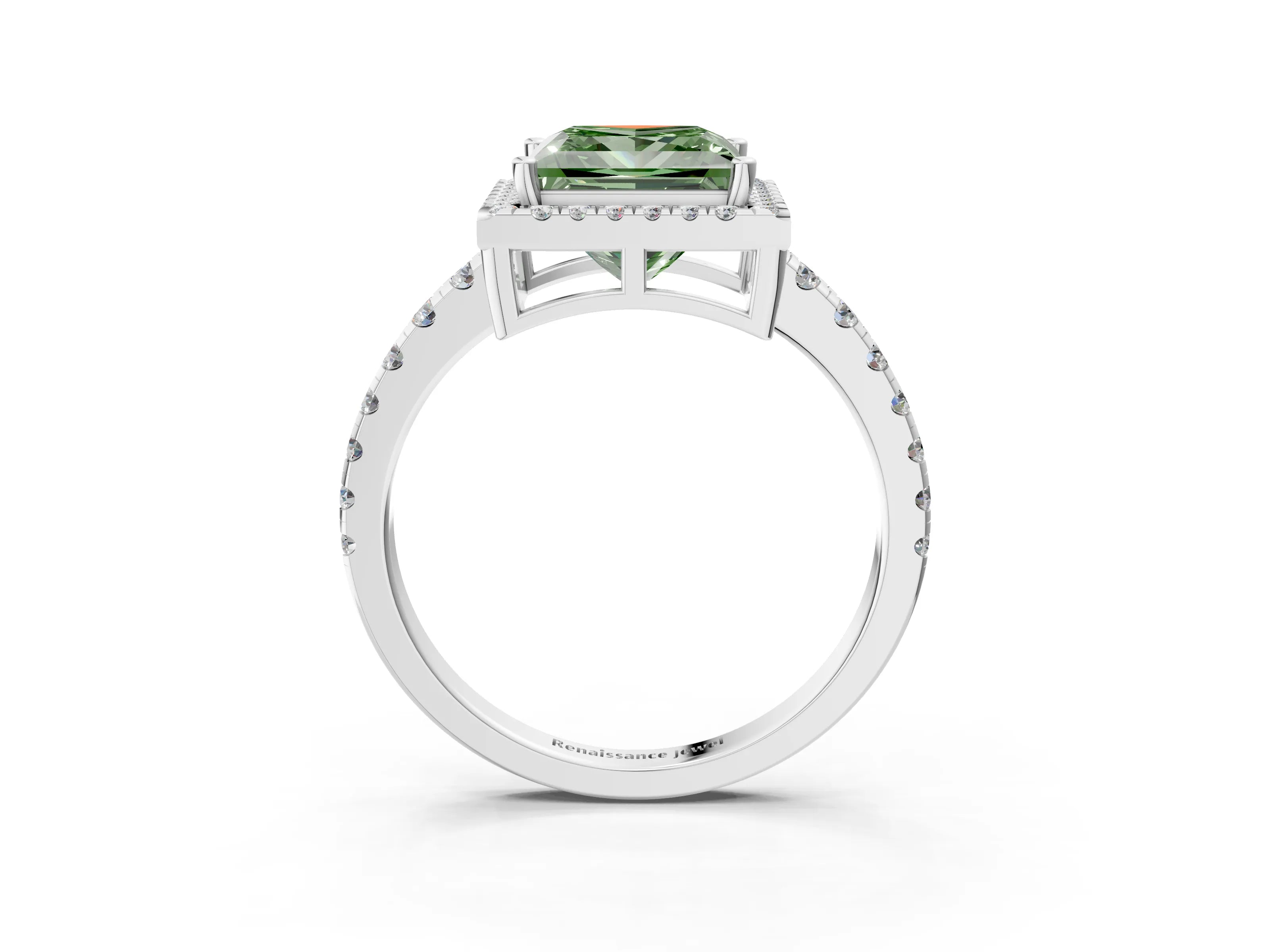 White gold Fancy Green Princess Cut Diamond Halo Ring with Pavé Band and Four-Prong Setting_3