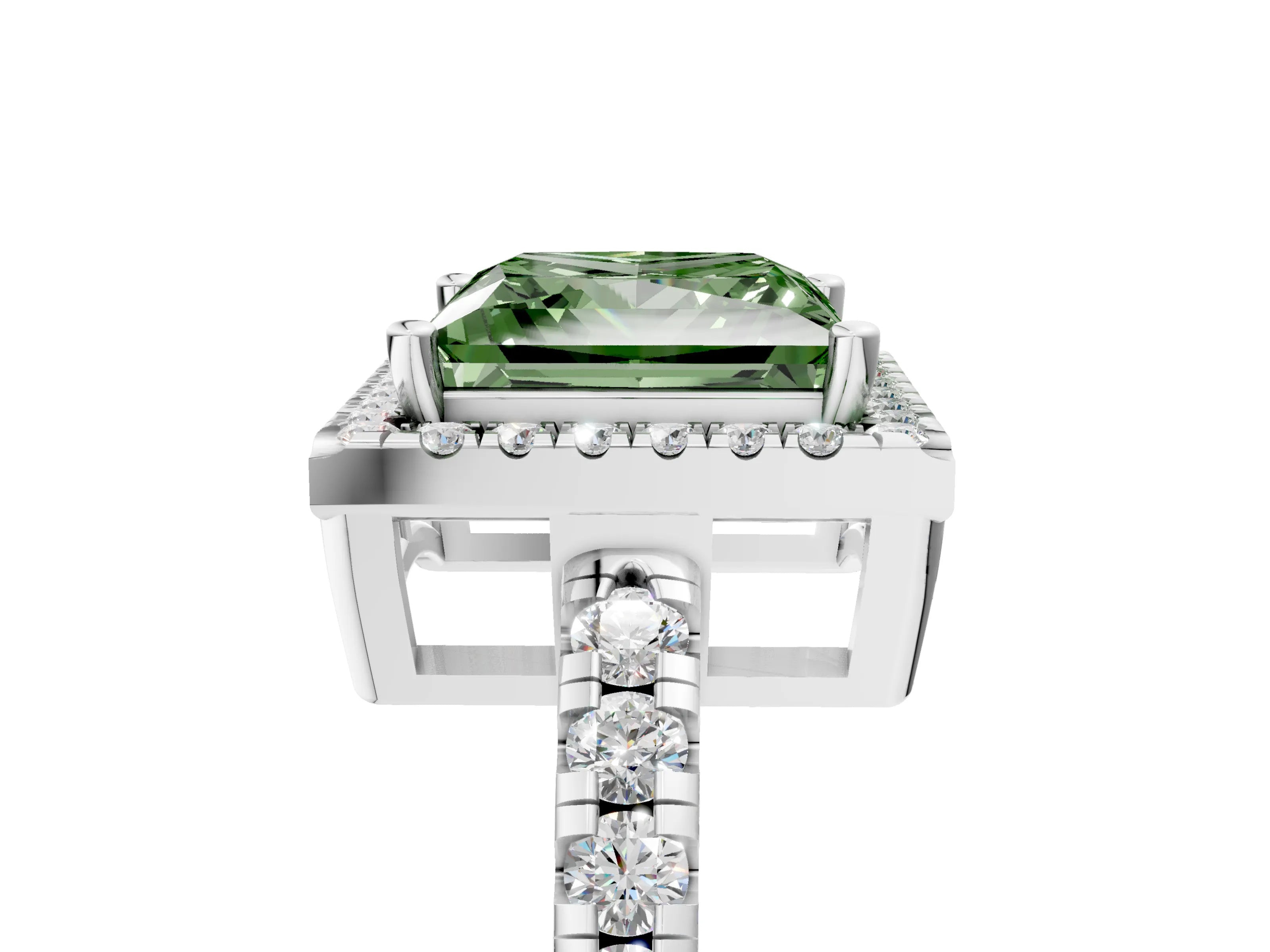 White gold Fancy Green Princess Cut Diamond Halo Ring with Pavé Band and Four-Prong Setting_5