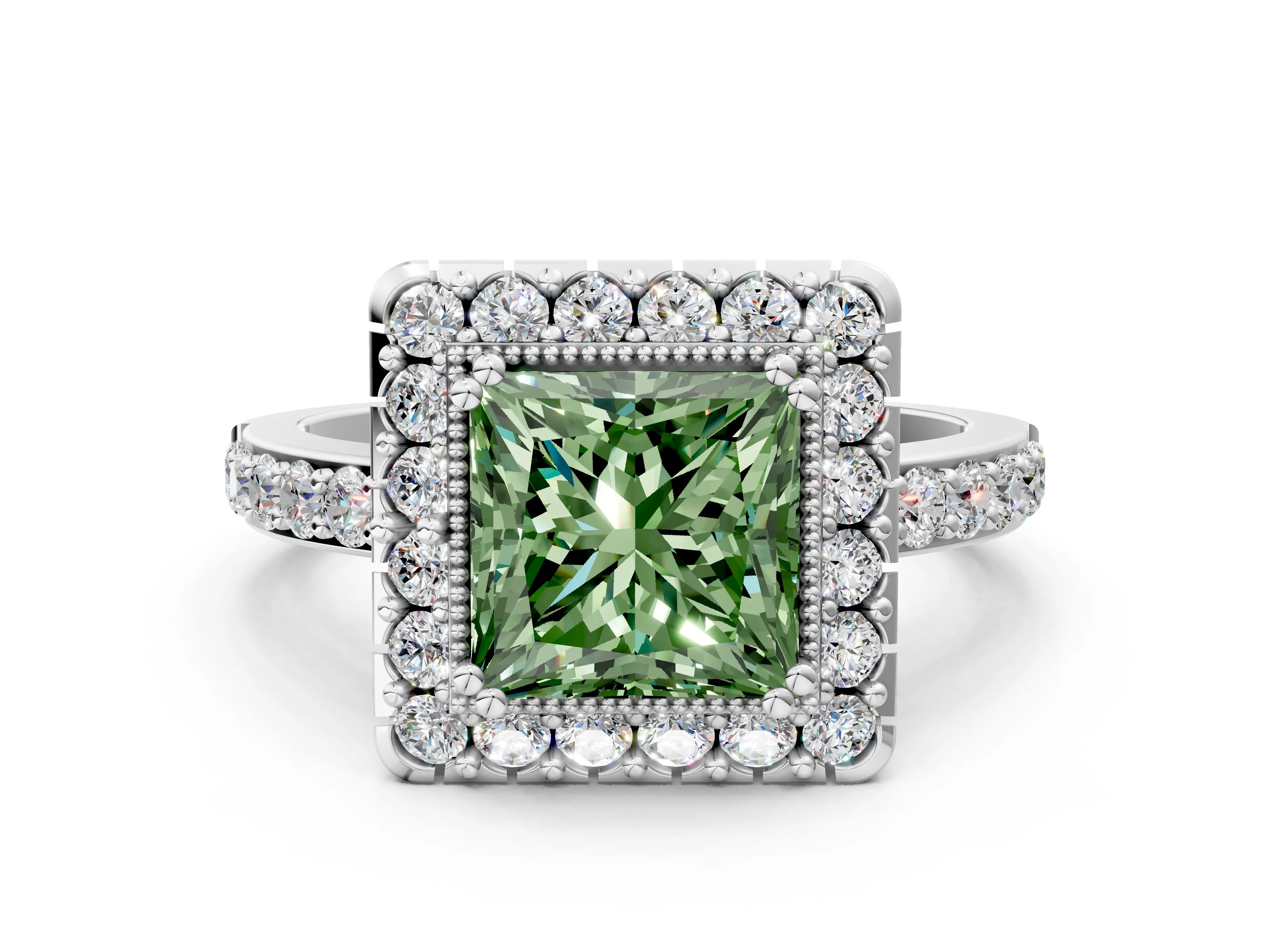White gold Fancy Green Princess Cut Diamond Halo Ring with Pavé Band and Prong Setting_24