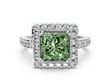 White gold Fancy Green Princess Cut Diamond Halo Ring with Pavé Band and Prong Setting_24