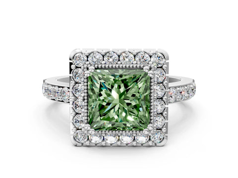 White gold Fancy Green Princess Cut Diamond Halo Ring with Pavé Band and Prong Setting_24