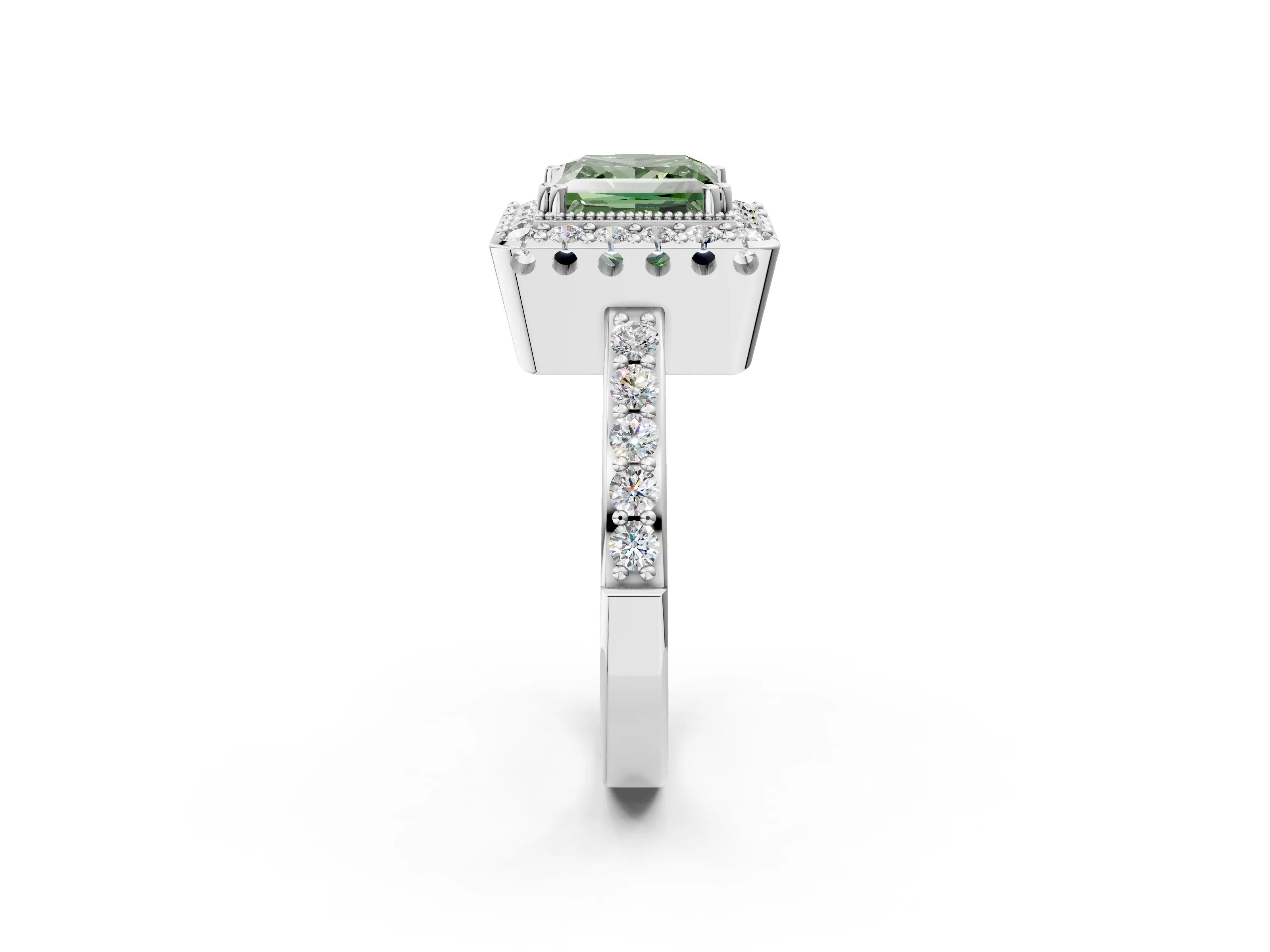 White gold Fancy Green Princess Cut Diamond Halo Ring with Pavé Band and Prong Setting_26