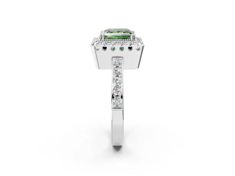 White gold Fancy Green Princess Cut Diamond Halo Ring with Pavé Band and Prong Setting_26