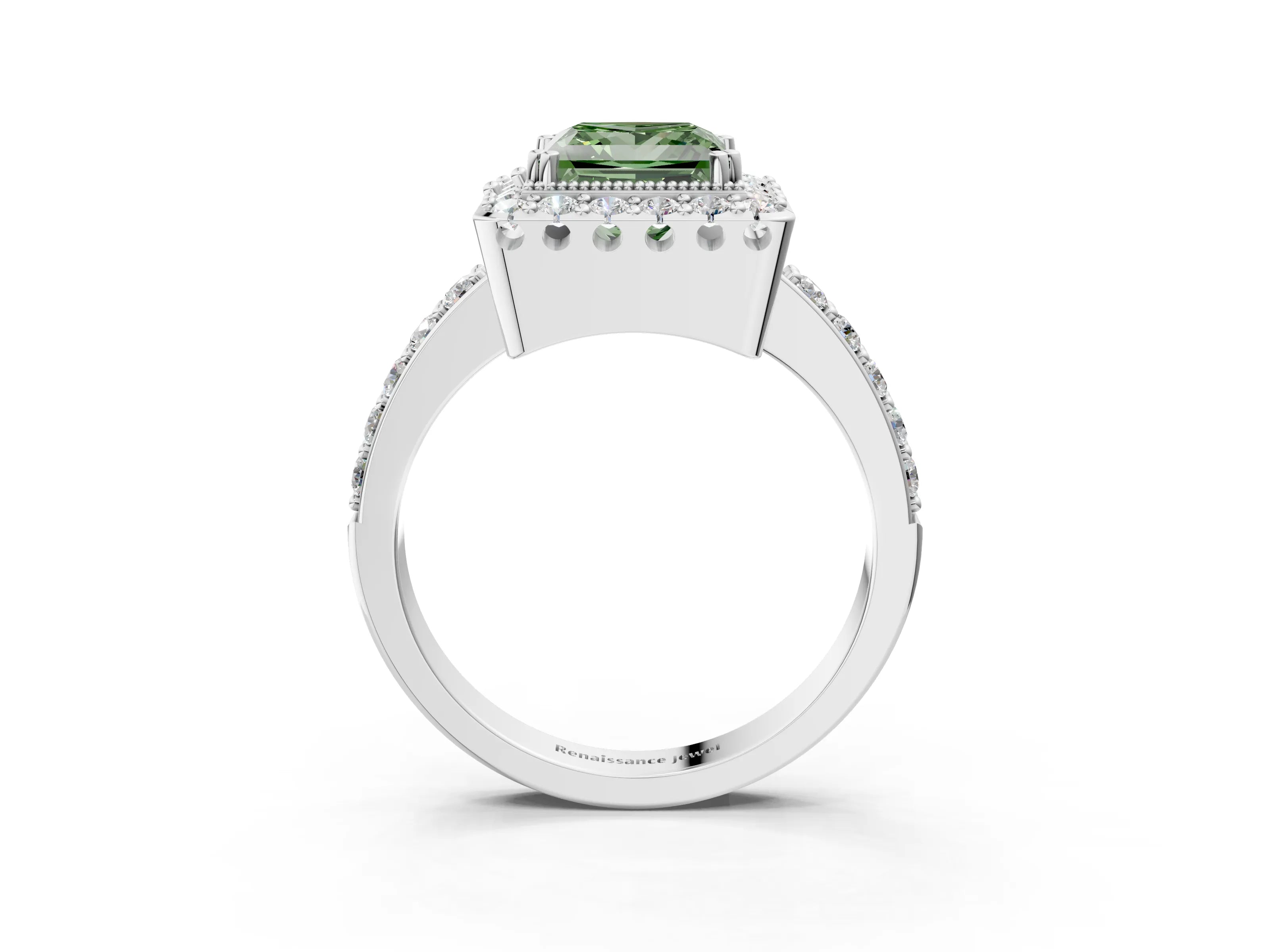 White gold Fancy Green Princess Cut Diamond Halo Ring with Pavé Band and Prong Setting_27