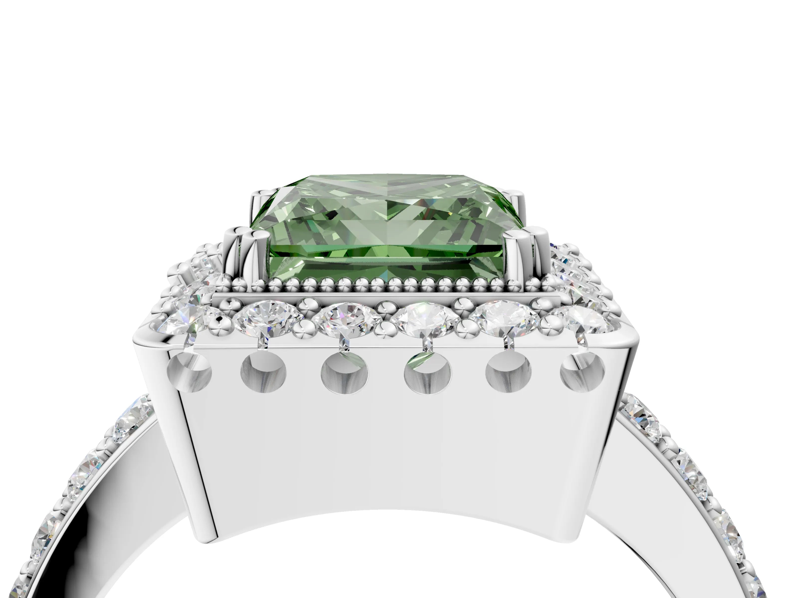 White gold Fancy Green Princess Cut Diamond Halo Ring with Pavé Band and Prong Setting_28