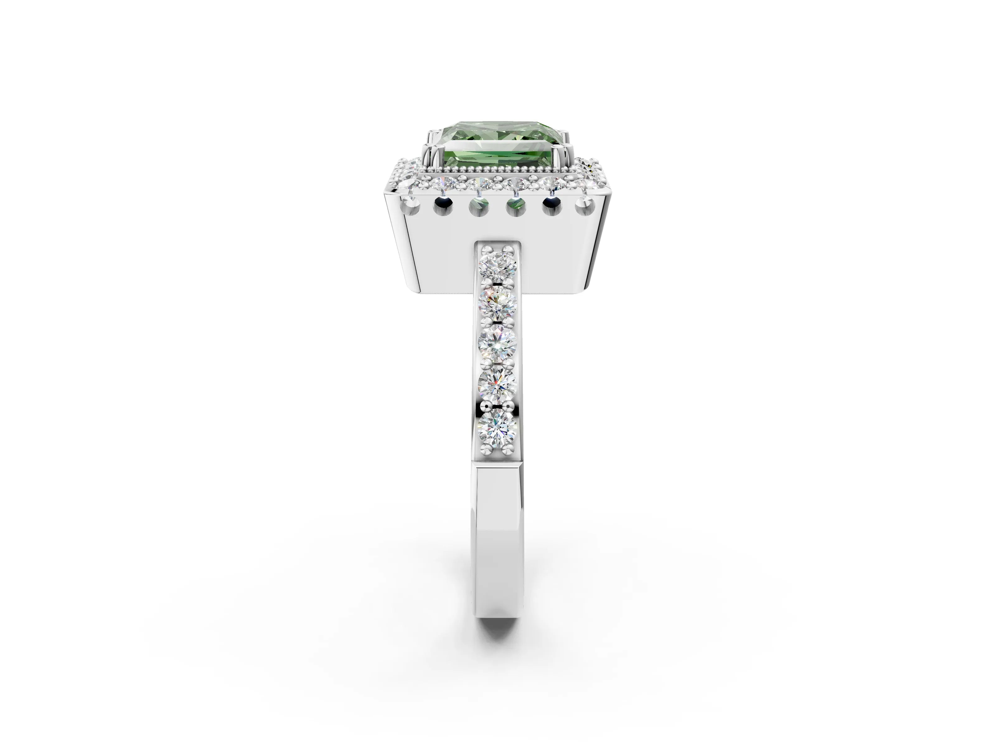 White gold Fancy Green Princess Cut Diamond Halo Ring with Pavé Band and Prong Setting_2
