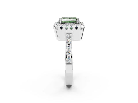 White gold Fancy Green Princess Cut Diamond Halo Ring with Pavé Band and Prong Setting_2