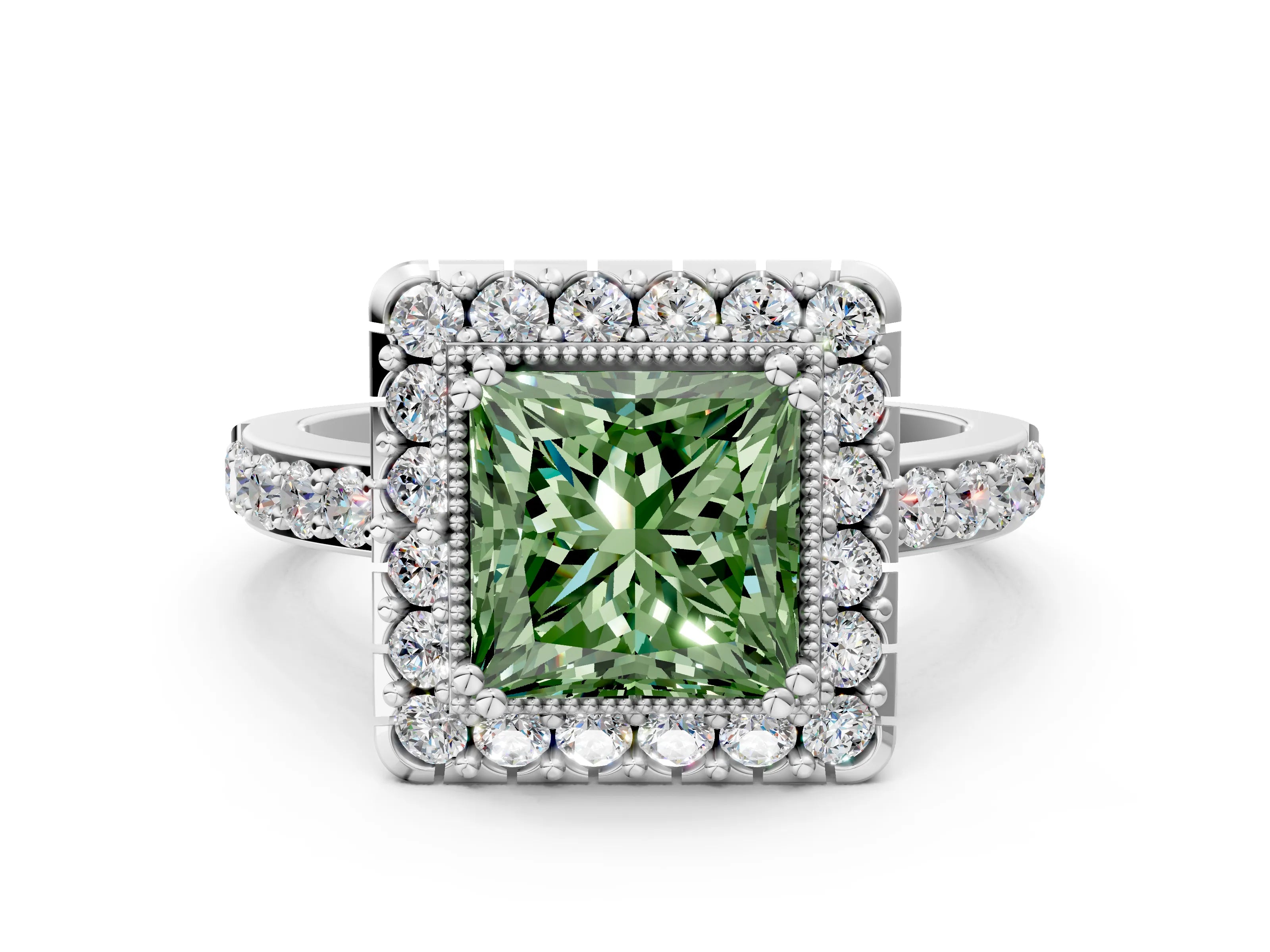 White gold Fancy Green Princess Cut Diamond Halo Ring with Pavé Band and Prong Setting_30