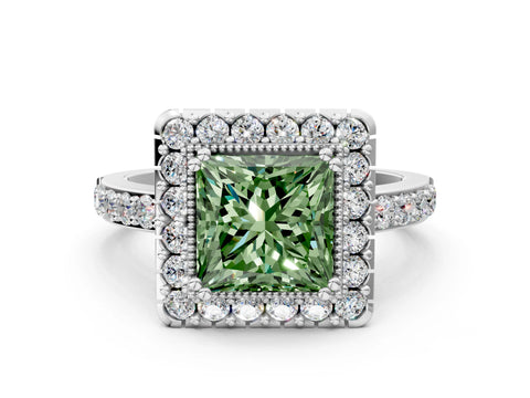 White gold Fancy Green Princess Cut Diamond Halo Ring with Pavé Band and Prong Setting_30