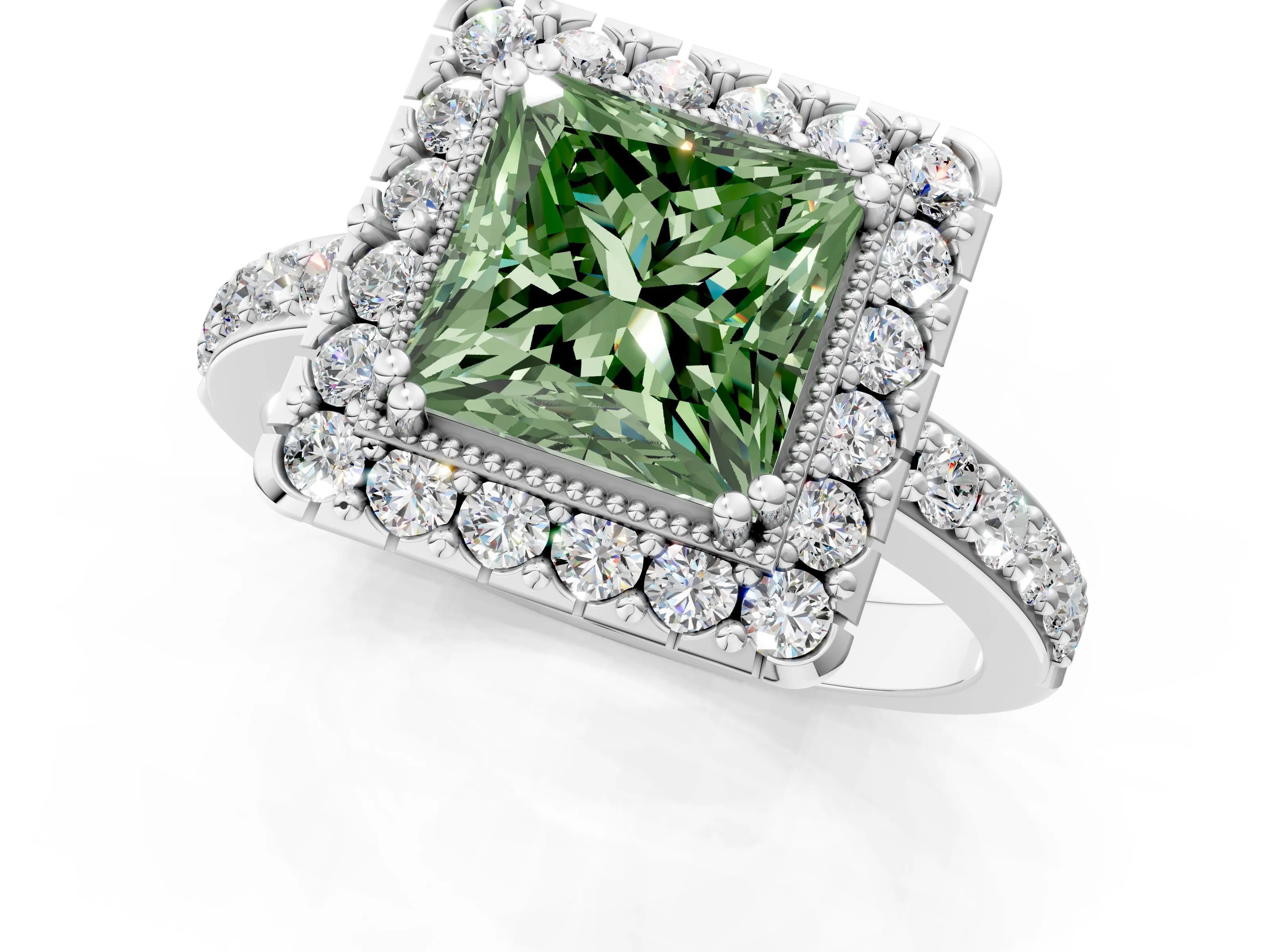 White gold Fancy Green Princess Cut Diamond Halo Ring with Pavé Band and Prong Setting_31