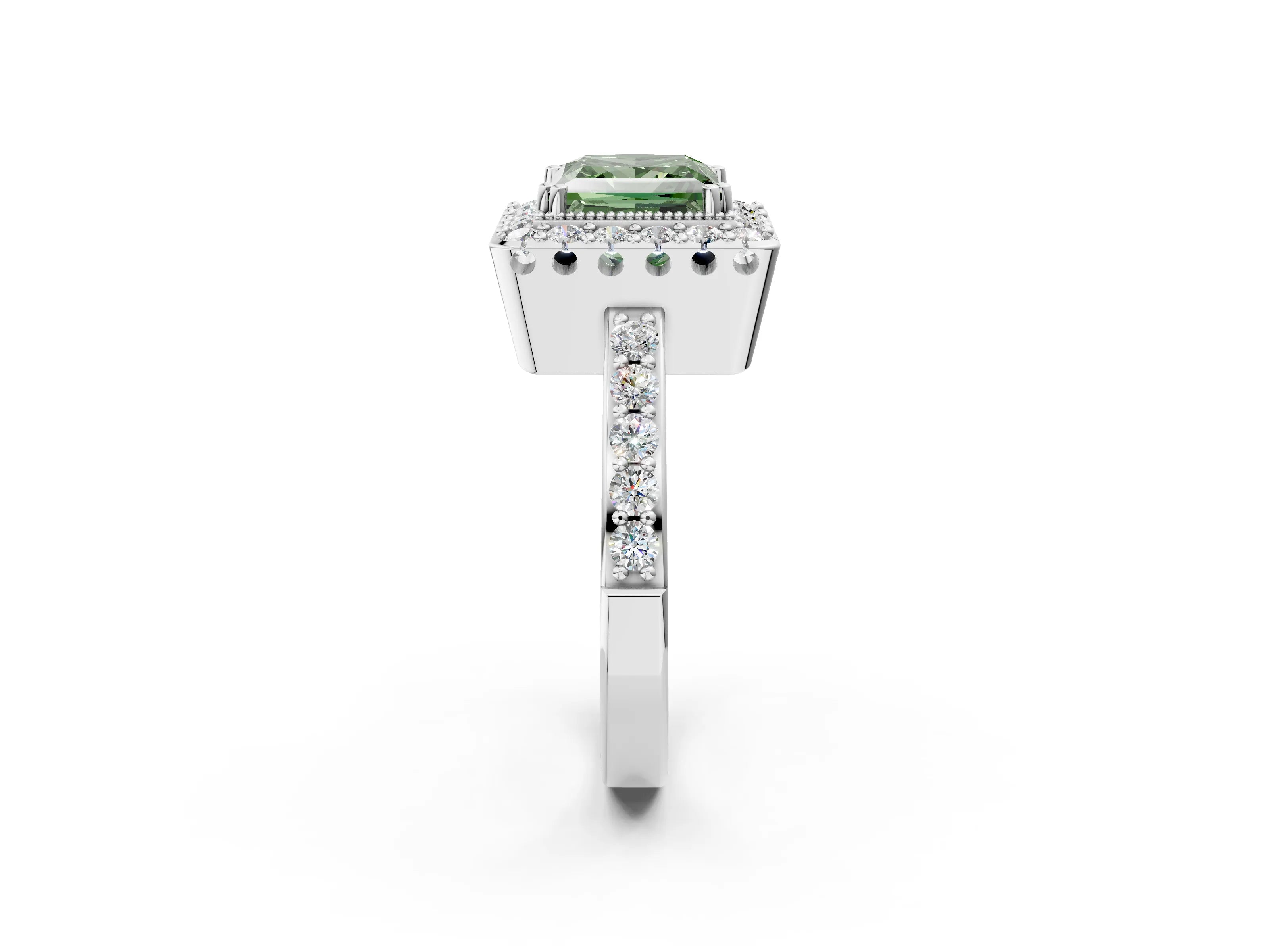 White gold Fancy Green Princess Cut Diamond Halo Ring with Pavé Band and Prong Setting_32