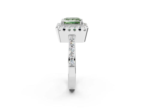 White gold Fancy Green Princess Cut Diamond Halo Ring with Pavé Band and Prong Setting_32