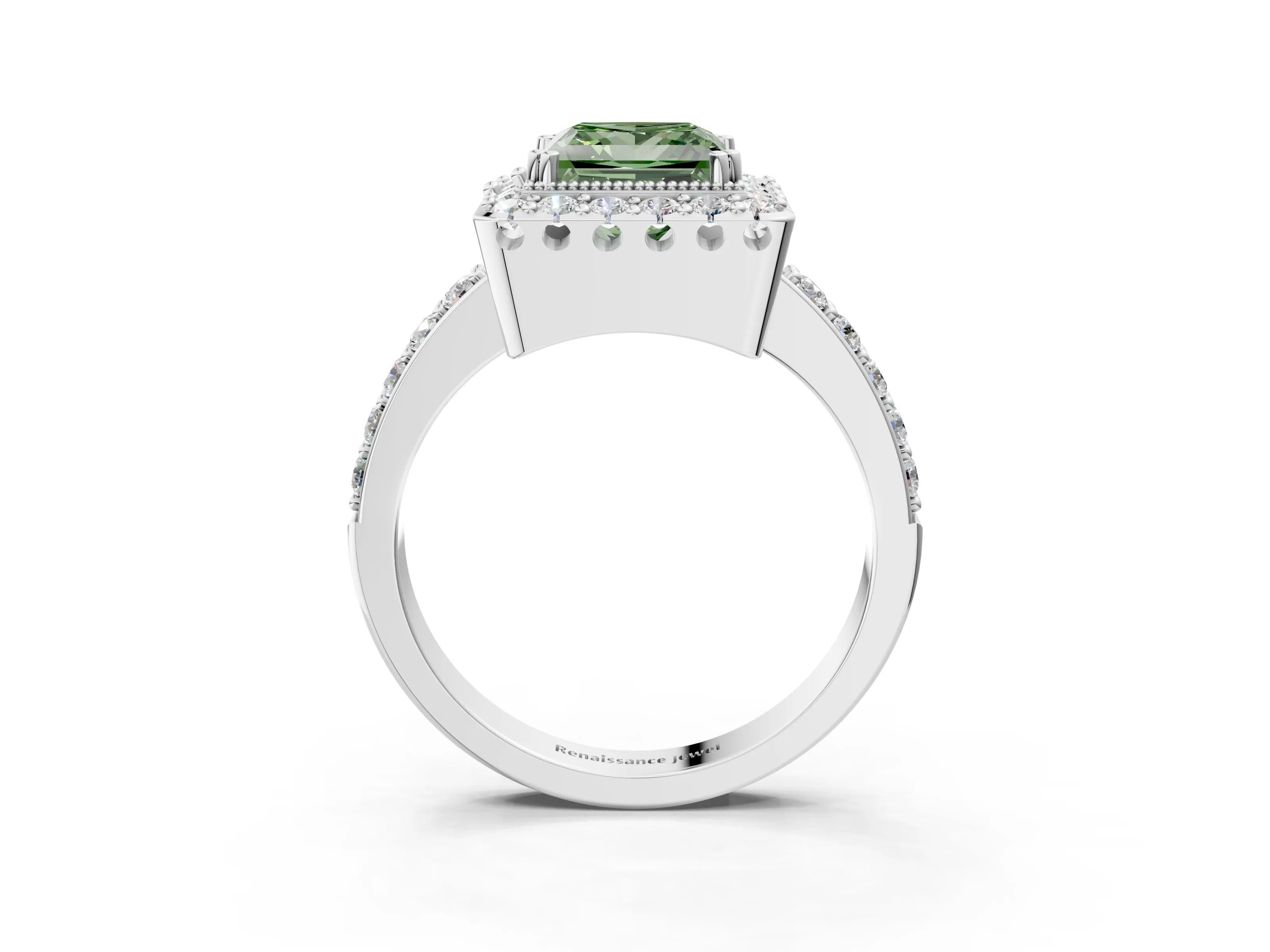 White gold Fancy Green Princess Cut Diamond Halo Ring with Pavé Band and Prong Setting_33