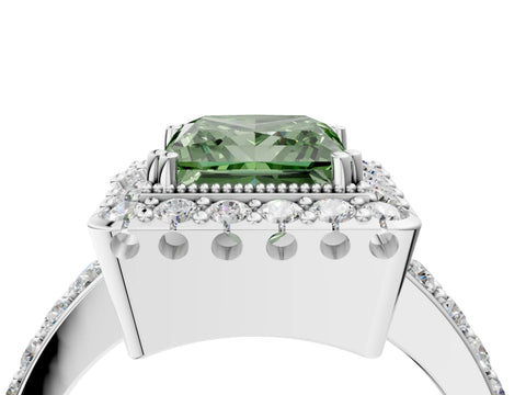 White gold Fancy Green Princess Cut Diamond Halo Ring with Pavé Band and Prong Setting_34