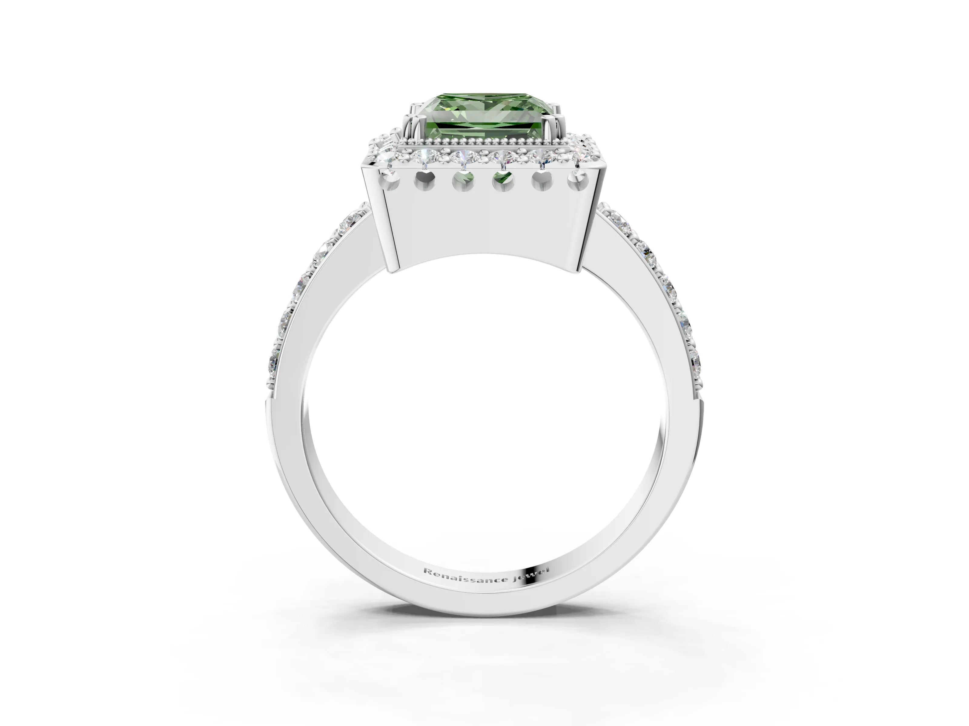 White gold Fancy Green Princess Cut Diamond Halo Ring with Pavé Band and Prong Setting_3
