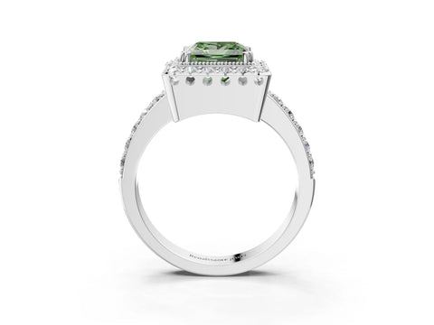 White gold Fancy Green Princess Cut Diamond Halo Ring with Pavé Band and Prong Setting_3