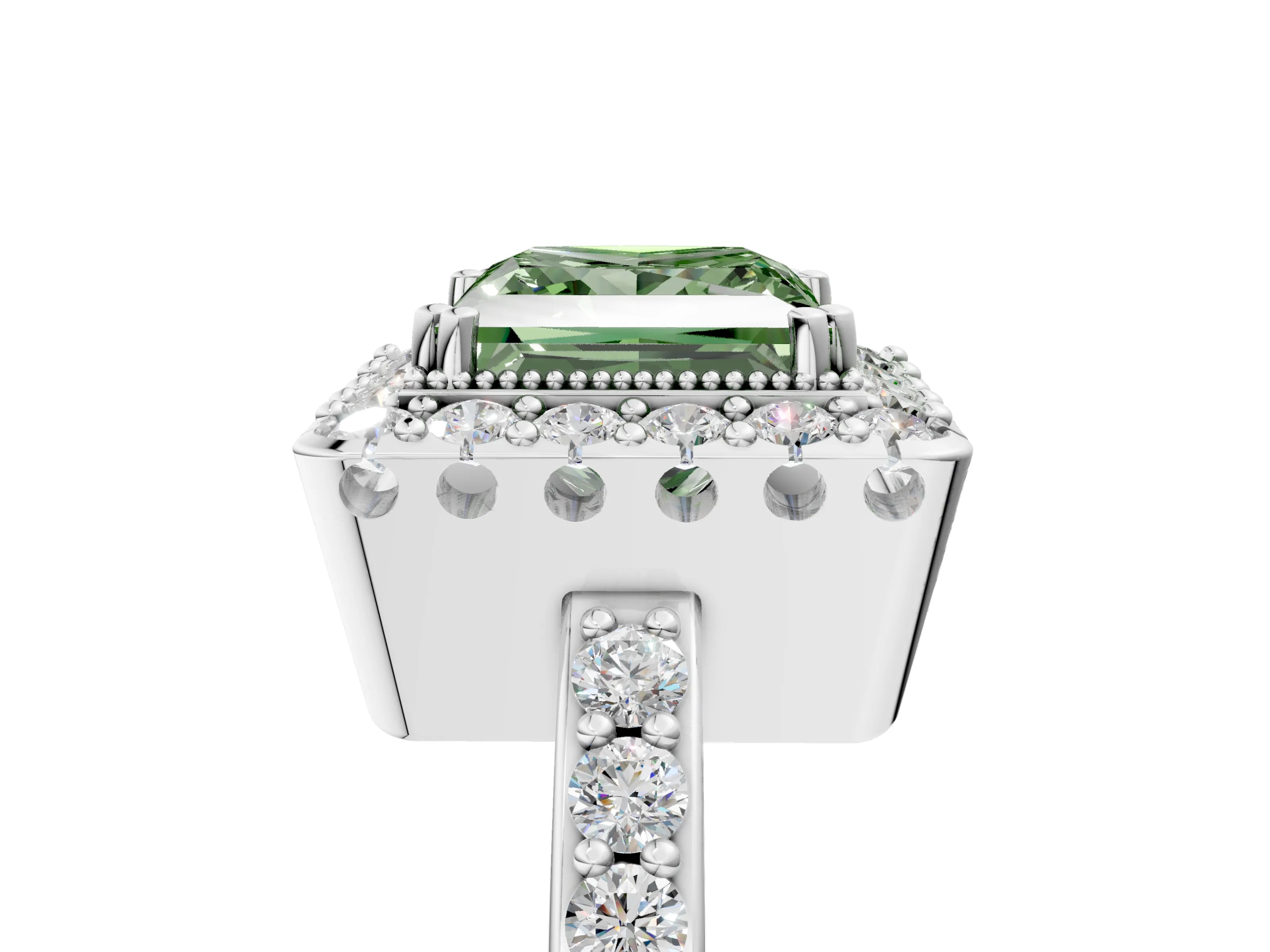 White gold Fancy Green Princess Cut Diamond Halo Ring with Pavé Band and Prong Setting_5