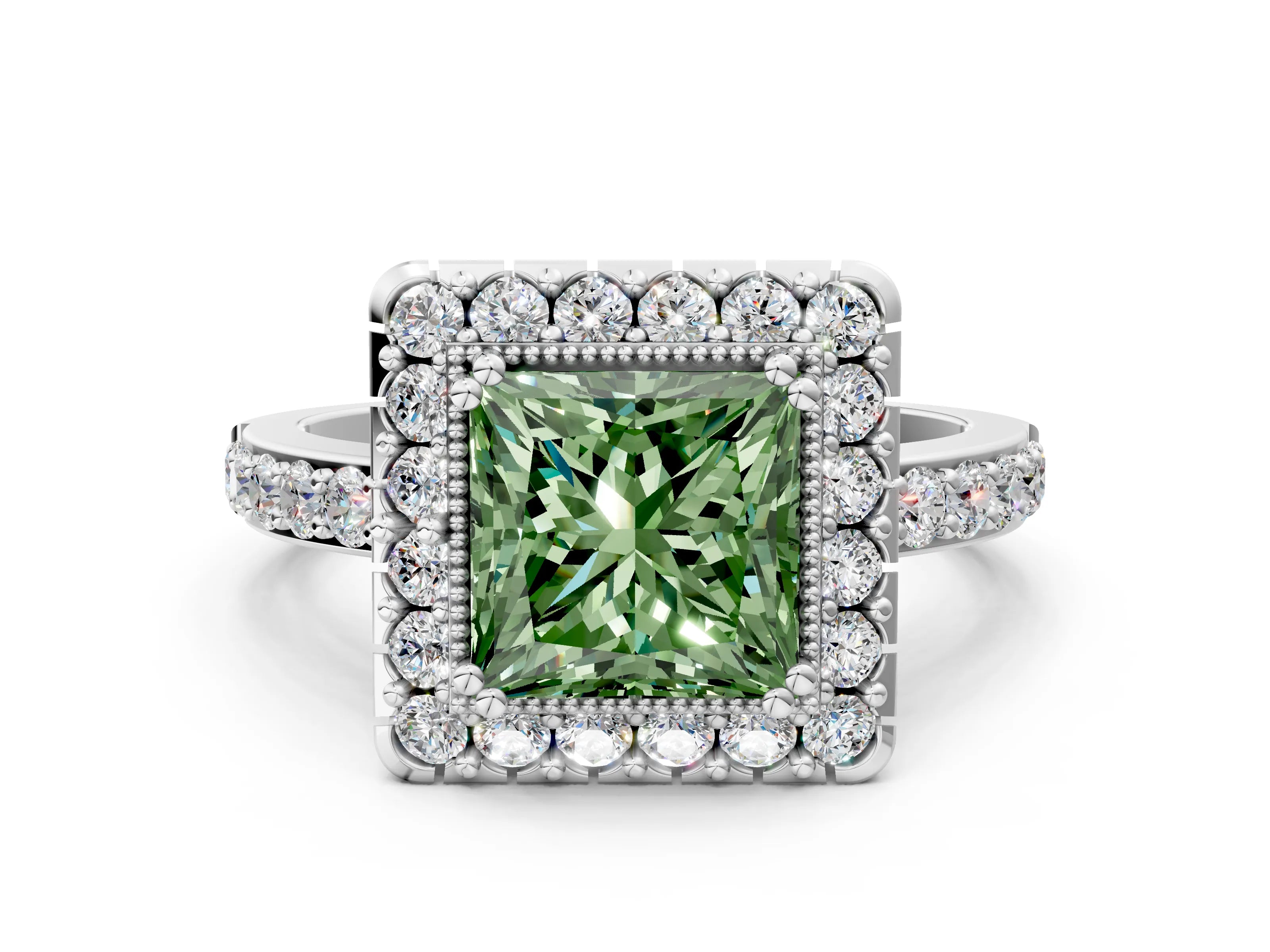 White gold Fancy Green Princess Cut Diamond Halo Ring with Pavé Band and Prong Setting
