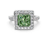 White gold Fancy Green Princess Cut Diamond Halo Ring with Pavé Band and Prong Setting