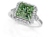 White gold Fancy Green Princess Cut Diamond Halo Ring with Pear Side Stones and Prong Setting_47