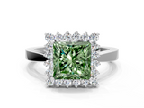 White gold Fancy Green Princess  Cut Diamond Halo Ring with Round Brilliant Halo and Solitaire Band