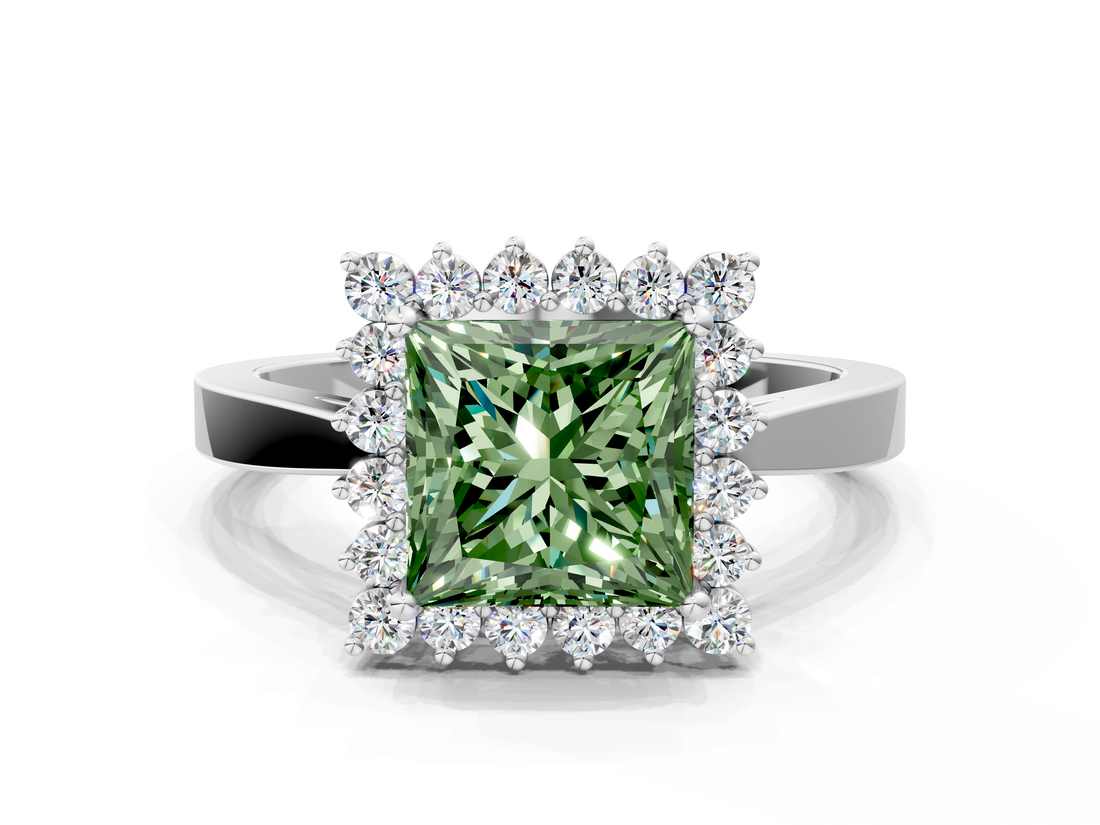 White gold Fancy Green Princess  Cut Diamond Halo Ring with Round Brilliant Halo and Solitaire Band